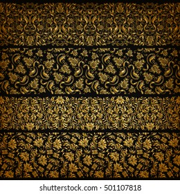 Set of horizontal golden lace pattern, decorative elements, borders for design. Seamless hand-drawn floral ornament on black background. Page, web site decoration. Vector illustration EPS 10.