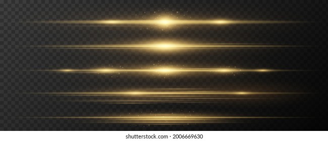 Set of horizontal golden light effects on a dark transparent background. Collection of luxurious beams. Bright rays with glowing dust. Optical glare. Vector illustration