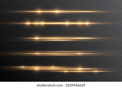 Set of horizontal golden light effects on a transparent background. Collection of luxury beams. Optical glare. Vector