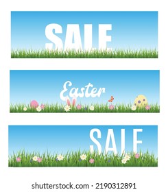 Set of horizontal grass borders about Easter and sale, vector illustration isolated on white background. Decorative design elements on blue sky with text, colorful eggs and bunny ears