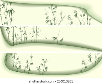 Set horizontal green banners of shapes waveforms and its shadow with bamboo trees illustration.