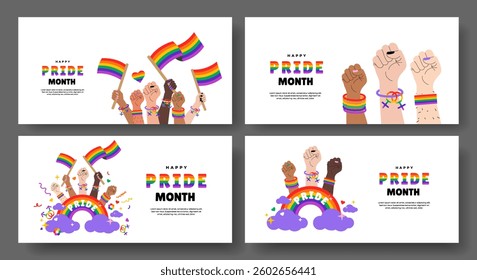 Set of horizontal greeting banner, card, poster, cover with LGBTQ symbol. Vector design template for Pride Month celebration.