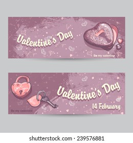Set of horizontal greeting cards for Valentine's Day with lock, key and hearts