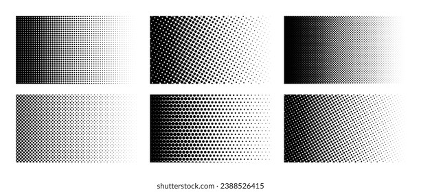 Set of horizontal halftone gradient backgrounds. Cartoon dots texture wallpaper. Black and white comic design cover pack for banner, poster, print. Pop art vector illustration bundle