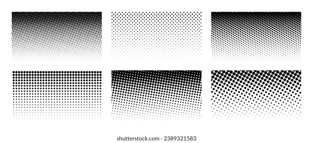 Set of horizontal halftone gradient backgrounds. Cartoon dots texture wallpaper collection. Black and white comic design cover pack for banner, poster, print. Pop art dotted vector illustration bundle