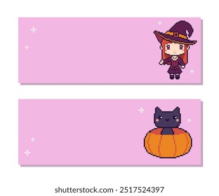 Set of horizontal Halloween backgrounds with copy space for text in pixel art style. Vector illustration for retro themed designs