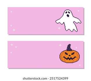 Set of horizontal Halloween backgrounds with copy space for text in pixel art style. Vector illustration for retro themed designs and festive promotions