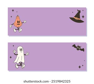 Set of horizontal Halloween backgrounds with copy space for text. Vector illustration with retro characters