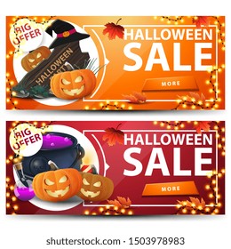 Set horizontal Halloween banners with buttons. Orange and red discount banners for your business with beautiful icons