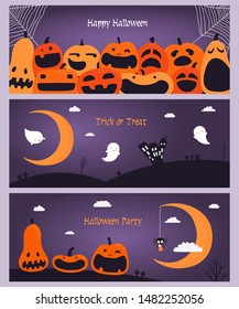 Set of horizontal Halloween banners with pumpkins, flying ghosts, spider webs, crescent moon, text. Hand drawn vector illustration. Design element for party invitation, holiday background. Flat style.