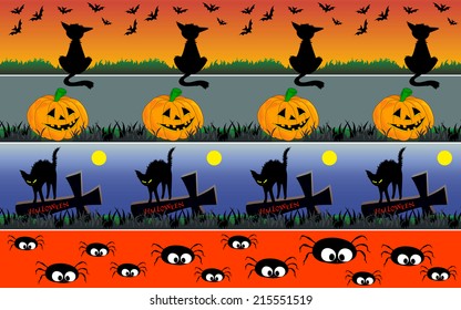 Set of horizontal Halloween borders with black cats, bats, pumpkins, sepulchral crosses and spiders