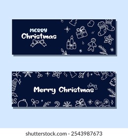 Set von horizontalen handgezeichneten Bannern fröhliche Weihnachtskarten. Frohe Weihnachten und einen guten Rutsch ins neue Jahr. Typografie auf blauem Hintergrund mit handgezeichneten Winterelementen.