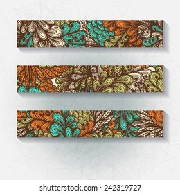 Set of horizontal hand drawn floral banners, invitation, greeting or visiting cards. Eps10