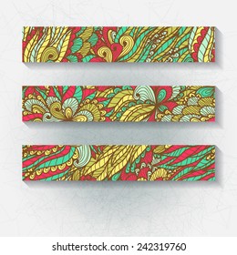 Set of horizontal hand drawn floral banners, invitation, greeting or visiting cards. Eps10