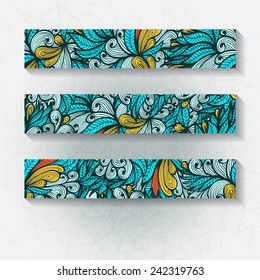 Set of horizontal hand drawn floral banners, invitation, greeting or visiting cards. Eps10