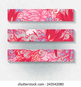 Set of horizontal hand drawn floral banners, invitation, greeting or visiting cards. Eps10