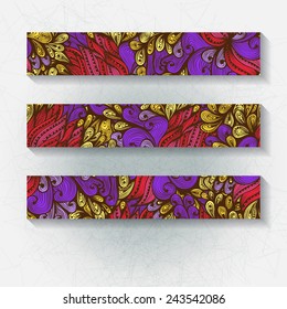 Set of horizontal hand drawn floral banners, invitation, greeting or visiting cards. Eps10