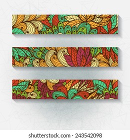 Set of horizontal hand drawn floral banners, invitation, greeting or visiting cards. Eps10
