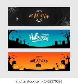 set of horizontal happy Halloween banner, silhouette cemetery, typographic on gradient background