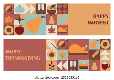 Set of horizontal Happy Harvest and Happy Thanksgiving. Greeting card design template with abstract geometric print. Vector illustration