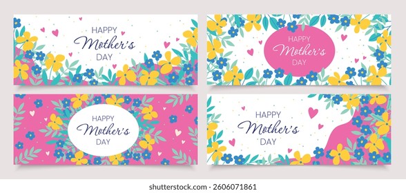 Set of horizontal Happy Mother's Day postcards with floral design. Postcards collection with botanical decor. Flat vector templates