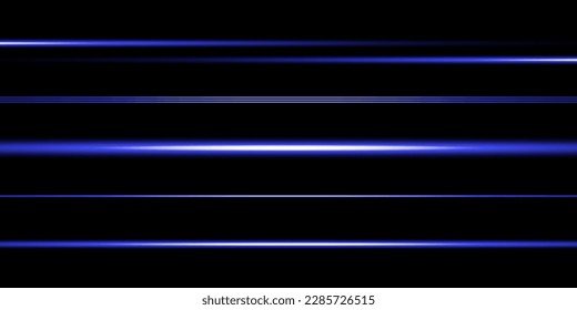 A set of horizontal highlights. Laser beams, horizontal light beams. Beautiful light flashes. Glowing stripes on a dark background.