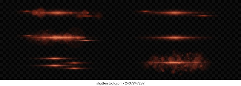 Set of horizontal highlights. Laser beams, horizontal light beams. Beautiful light flashes. Glowing stripes on a transparent background.