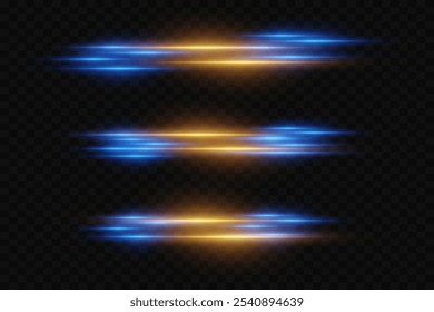 Ensemble de tons clairs horizontales. Des faisceaux laser, des lignes lumineuses. De beaux éclairs lumineux. Sur fond transparent.