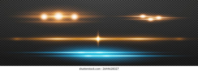 Satz horizontaler Hervorhebungen. Laserstrahlen, horizontale Lichtlinien. Glühende Streifen.