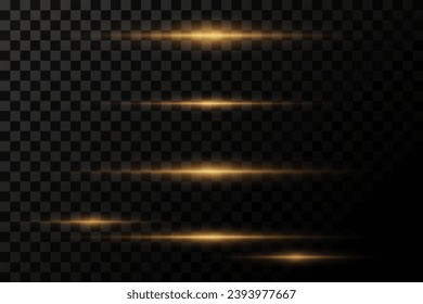 A set of horizontal highlights and lines. Laser beams, horizontal light beams. Glowing stripes on a transparent background.