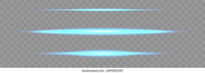 Set of horizontal highlights.Effect of blue glowing lines.  Horizontal rays of light. Isolated on transparent background.