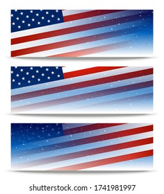 Set of horizontal Independence day panoramic banners with American flag on starry sky