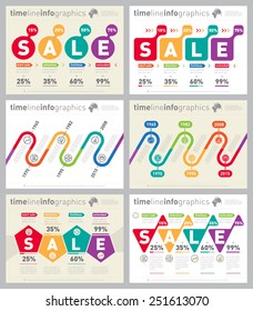 Set of horizontal Infographic timelines. Vector web template for presentation. Time line of Social tendencies and sales trends graph. Business concept with options, parts, steps or processes.