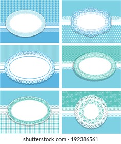 Set of horizontal invitation cards (for Birthday, Wedding, Baby shower, etc.) and labels with oval lace frames in blue colors - design for boys.