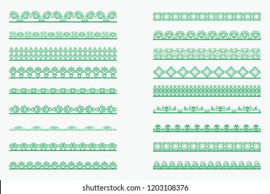 Set of horizontal isolated Green lace borders for design. Patterned elegant beautiful edge. Vector illustration