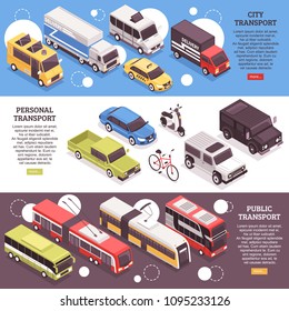 Set of horizontal isometric banners, city carriers, personal vehicles and public transport, isolated vector illustration 