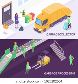 Set of horizontal isometric banners with garbage collector and refuse truck, waste recycling isolated vector illustration 