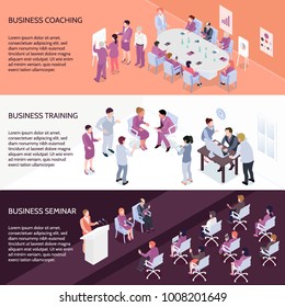 Set of horizontal isometric banners with people during business coaching, corporate training and seminar isolated vector illustration 