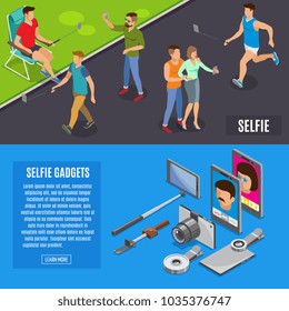 Set of horizontal isometric banners social photo and self portrait with monopod, selfie gadgets isolated vector illustration