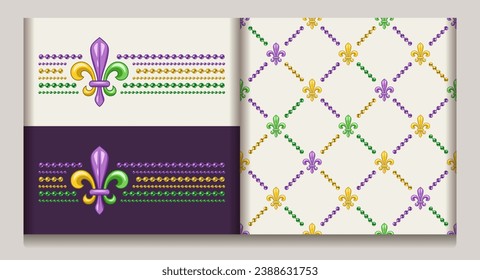 Set of horizontal label, geometric pattern with fleur de lis symbol, string of beads Diagonal square grid. Illustration for Mardi Gras carnival. Vintage illustration for prints, holiday design