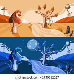 A set of horizontal landscapes with mushrooms. Planet of giant mushrooms. Afternoon and night landscape.