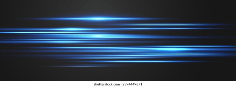 Conjunto de bengalas horizontales. El resumen de las líneas de las luces de la png. Vigas de luz horizontales del vector. Rasgos brillantes sobre fondo oscuro. Luminosas líneas de neón aisladas en un fondo transparente.