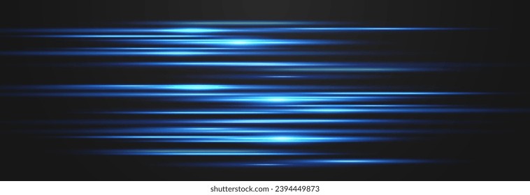 Set of horizontal lens flares. Abstract lights lines on png. Vector horizontal lighr beams. Glowing streaks on dark background. Luminous neon lines isolated on trasparent backgound.