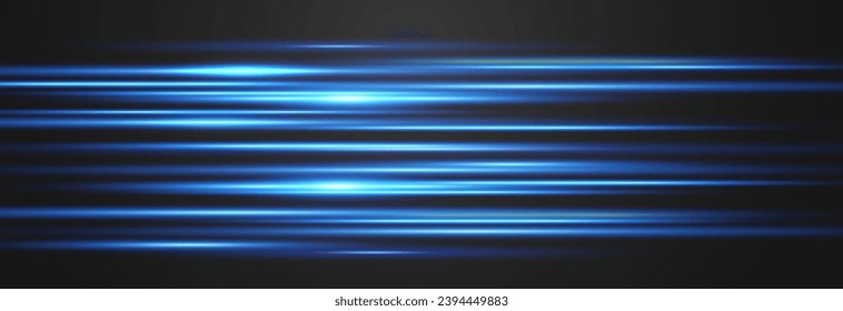 Set of horizontal lens flares. Abstract lights lines on png. Vector horizontal lighr beams. Glowing streaks on dark background. Luminous neon lines isolated on trasparent backgound.