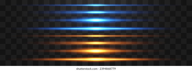 Set of horizontal lens flares. Abstract lights lines on png. Vector laser beams. Glowing streaks on dark background. Luminous neon lines isolated on trasparent backgound