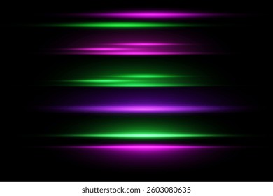 Set of horizontal lens flares. Laser green and violet beams. Neon light, rice effect. Vector.
