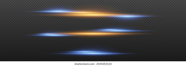 Set of horizontal light effects and flares. The glare of line and light. On a transparent background.