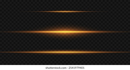 Set of horizontal light lines, laser effect of light rays. On a transparent background.