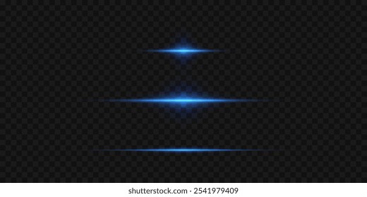 Set of horizontal light lines, laser effect of light rays. On a transparent background.