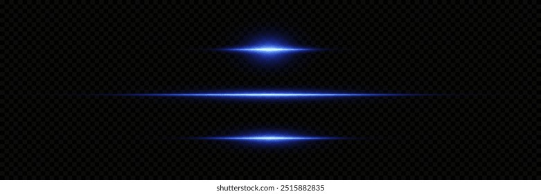 Set of horizontal light lines. Neon laser highlights on a transparent background.
